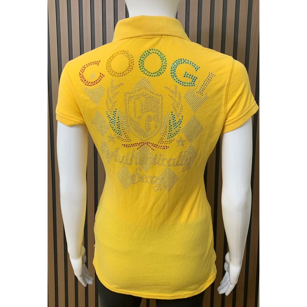 Coogi Women's Yellow Rhinestone Studded Polo Shirt Short Sleeve Y2k M